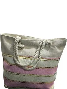 Striped Tote Bag – Pink, White & Gold Accents – Rope Handles – BAG6