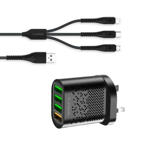 Platinum VITAL Series QUAD USB Charger + 3in1 Cable - Black - P-COMVQ3N1BK