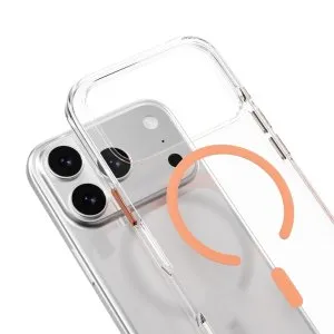 Mageasy bright m never yellowing protective clear case withindependent metal buttons for iphone 17 pro max-transparent/coral ring - MPH17M394CG25