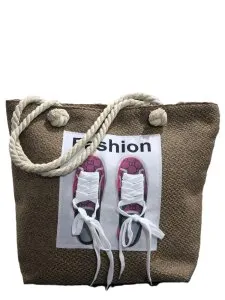 Fashion Tote Bag with Pink Sneaker Design – Brown Canvas with Rope Handles – 16x22 inch – SKU: BAG2