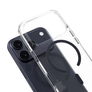 Mageasy bright m never yellowing protective clear case with independent metal buttons for iphone 17 pro-transparent/midnight ring - MPH17P394MR25